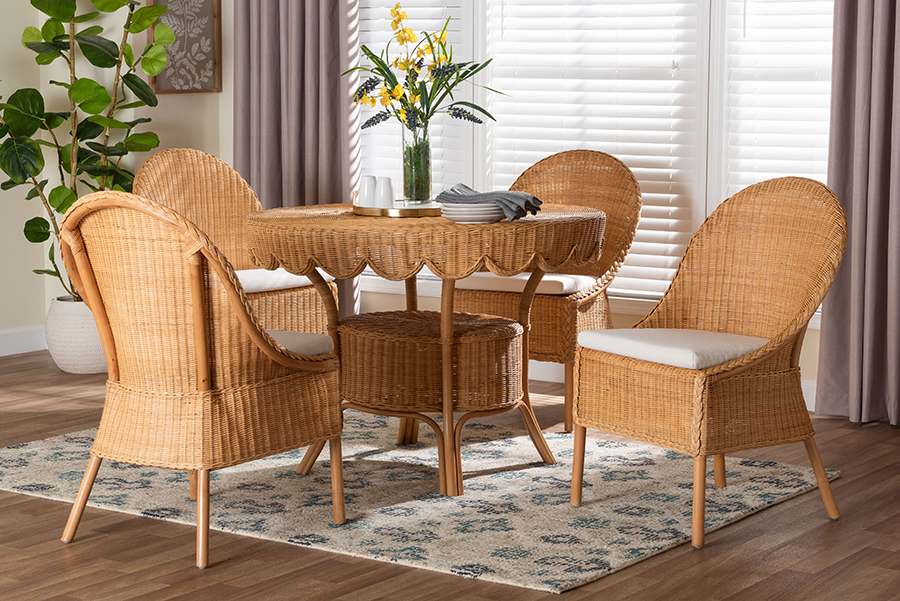 Picture of Bali & Pari 193271491544 30.30 x 41.70 x 41.70 in. Tyrone 5 Piece Round Wicker Table Rattan Dining Set with Scallop Edge & 4 Side Chair, Light Honey
