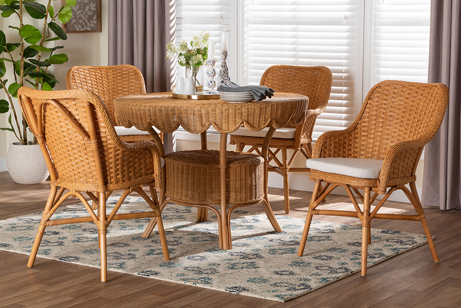 Picture of Bali & Pari 193271491575 30.30 x 41.70 x 41.70 in. Tucson 5 Piece Rattan Round Wicker Table Dining Set with Scallop Edge & 4 Armchairs, Light Honey