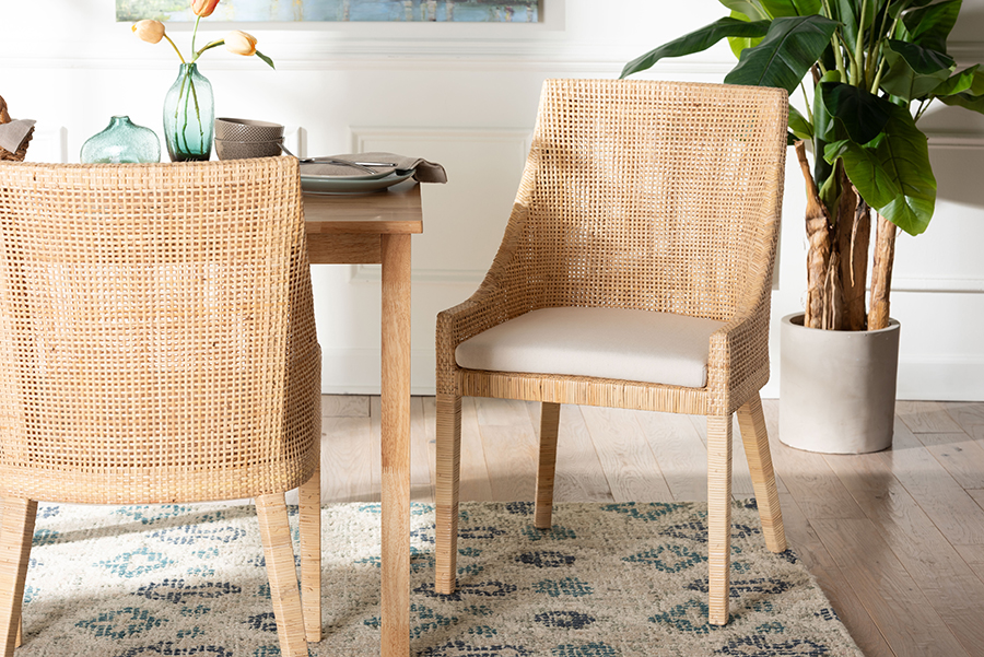 193271469529 Beata Natural Rattan Handcrafted Wingback Accent Dining Chair with Woven Detailing & Removable Cushion, Light Honey