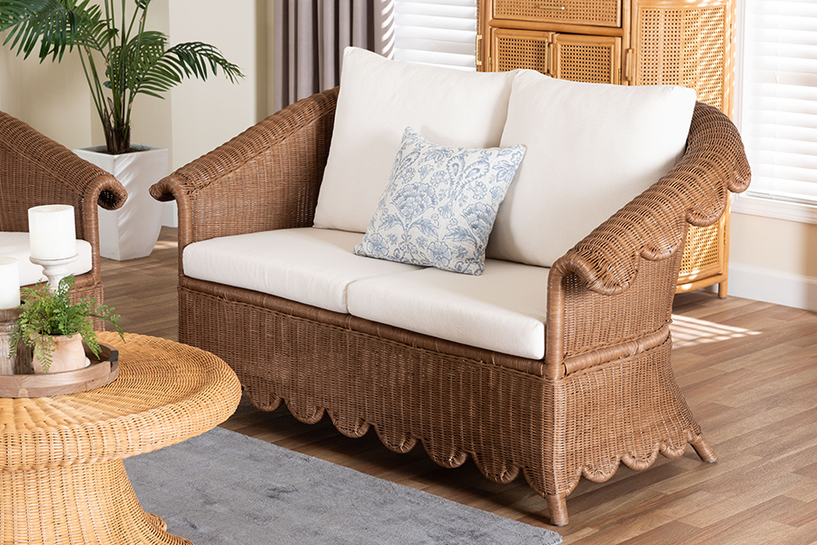 193271479054 Detta Handwoven Wicker Settee Natural Rattan Loveseat with Cushion & Rolled Arms & Scalloped Skirt Base, Peanut Brown