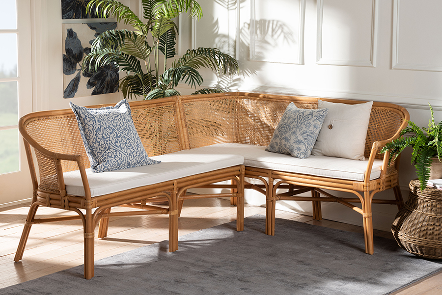 33 x 79.10 x 59.80 in. Adede 2 Piece Handwoven Wicker L-Shaped Dining Nook Seating Natural Rattan Corner Bench Set with Cushions, Light Honey