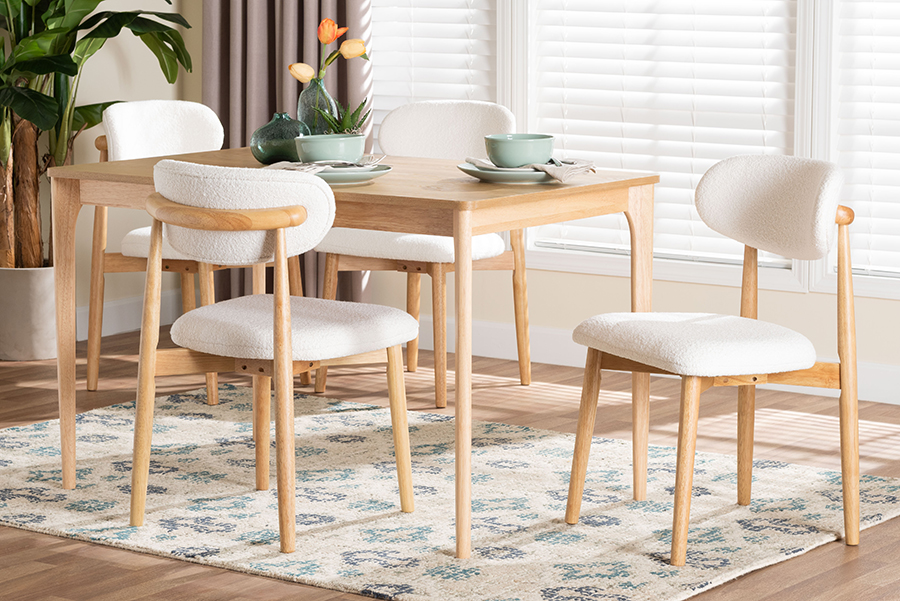 Picture of Baxton Studio 193271465514 29.50 x 47.20 x 29.90 in. Watsu 5 Piece Solid Wood Rectangular Table Dining Set with Boucle Upholstered Chair, White & Natural Brown