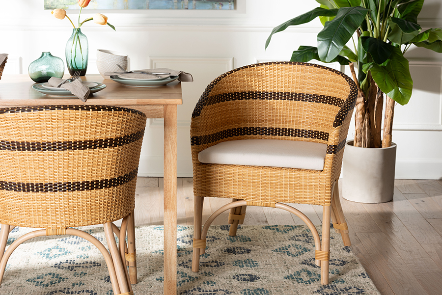 193271479085 Elma Rattan Dining Chair with Cushion, Natural Brown & Dark Brown