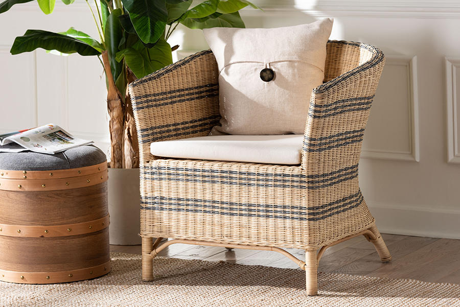 193271479108 Elda Natural Rattan Wicker Barrel-Back Accent Chair with Two-Tone Woven Stripes & Cushion, Natural Brown & Blue