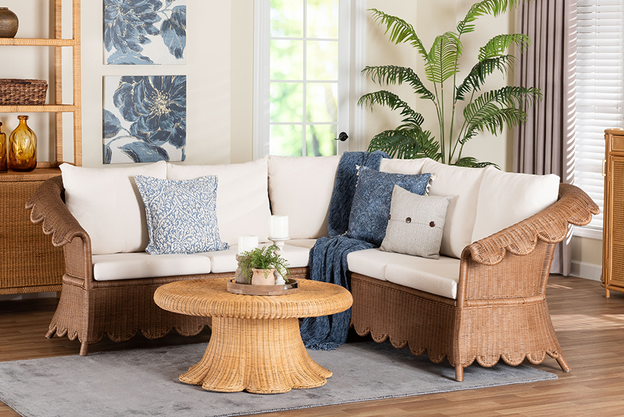 193271479139 Detta Natural Rattan 3 Piece Sectional Set with Handwoven Wicker Corner Lounge Seating, Peanut Brown