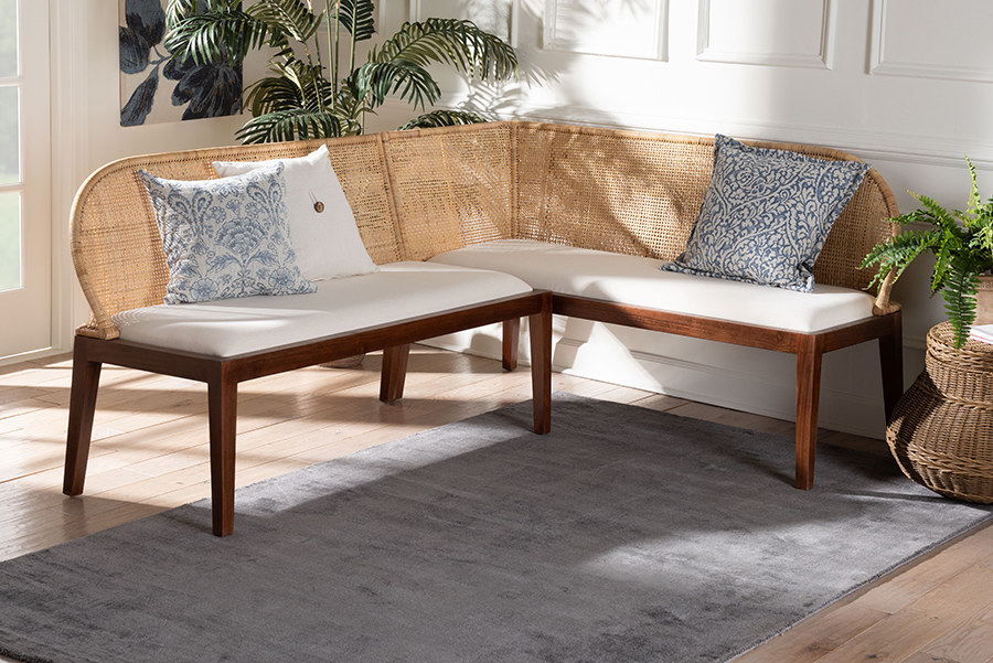 32.30 x 77.20 x 58.70 in. Okinawa 2 Piece Corner Bench Set with Cushion L-Shaped Dining Nook Seating, Light Honey & Light Brown - White