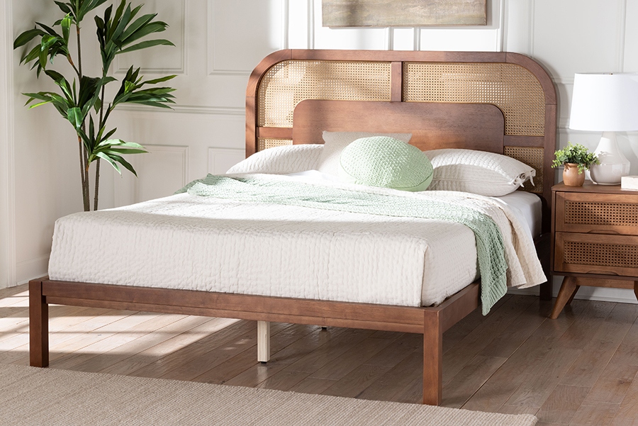 Raewyn Wood Platform Bed - Low Profile Bed Frame with Decorative Rattan Weave Inlay & Rounded Headboard, Walnut Brown & Brown - Queen Size