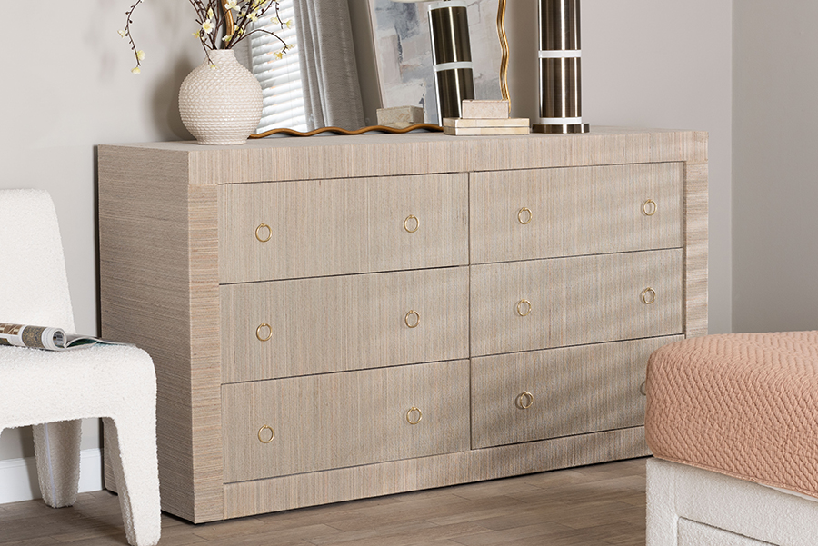 193271487929 Sage Natural Grass Cloth Dresser - 6-Drawer Bedroom Storage Cabinet with Gold Ring Pulls, Modern Coastal Chest of Drawers, Beige