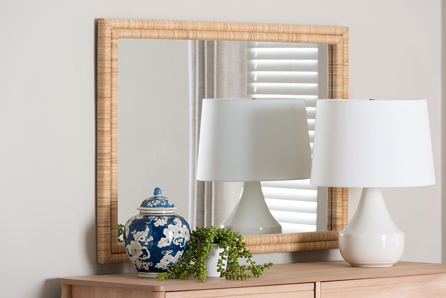 193271487950 Canan Grass Cloth Wall Mirror - Handwoven Rectangle Frame Accent Mirror for Bedroom, Entryway or Living Room, Light Brown
