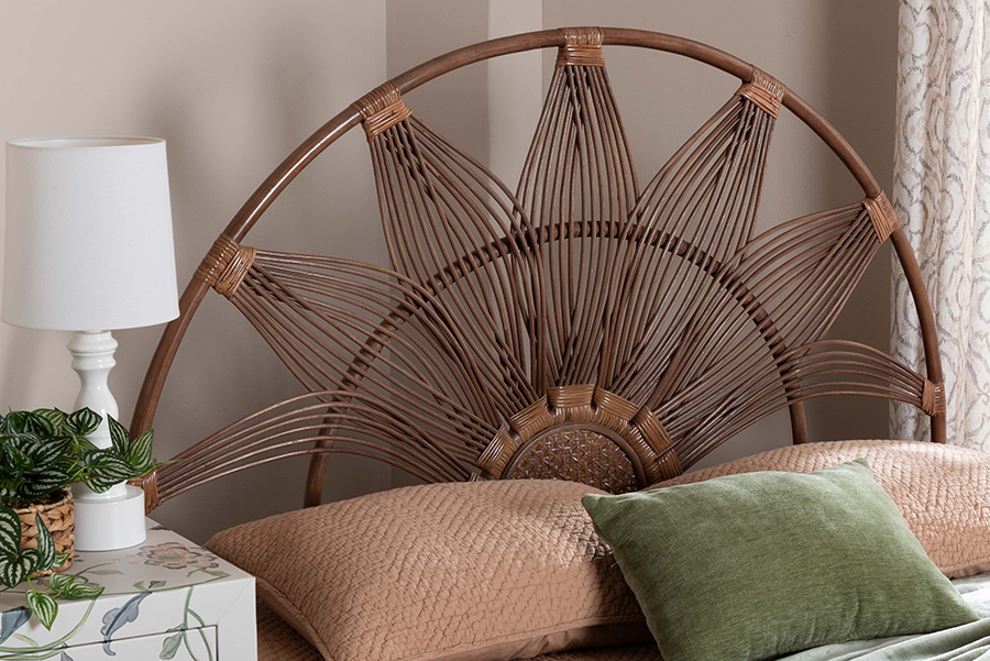 193271489008 Jasmine Natural Rattan Headboard with Sunburst Design - Boho Coastal Style Standalone Headboard, Light Brown - Queen Size