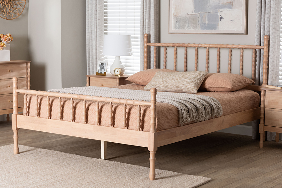 Laurent Platform Bed - Spindle Bed Frame with Bamboo-Style Turned Posts, Cottage Farmhouse Bedroom Furniture, Beech Brown - Queen Size