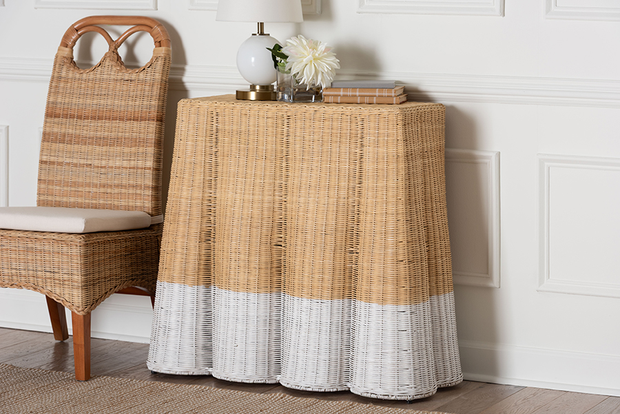 36 in. Palm Rectangle Scallop Rattan Console Table - Handwoven Wicker Accent Table, Coastal & Boho Decor - Two-Tone, Natural Brown & White