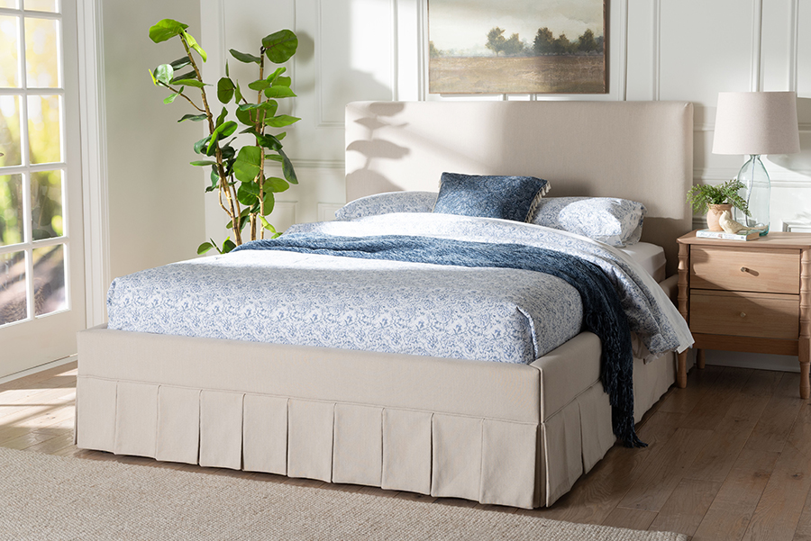 193271493272 Astin Platform Bed with Pleated Skirt- Fabric Upholstered Bed Frame with Panel Headboard, Beige - Queen Size