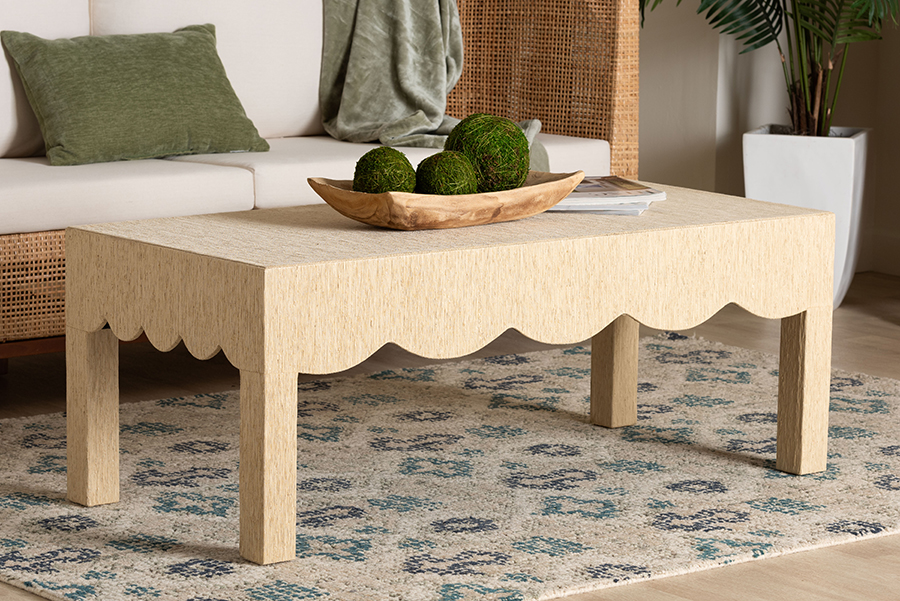 Mason Natural Grass Cloth Coffee Table - Rectangular Accent Table with Scalloped Apron, Modern Coastal Living Room Centerpiece, Beige