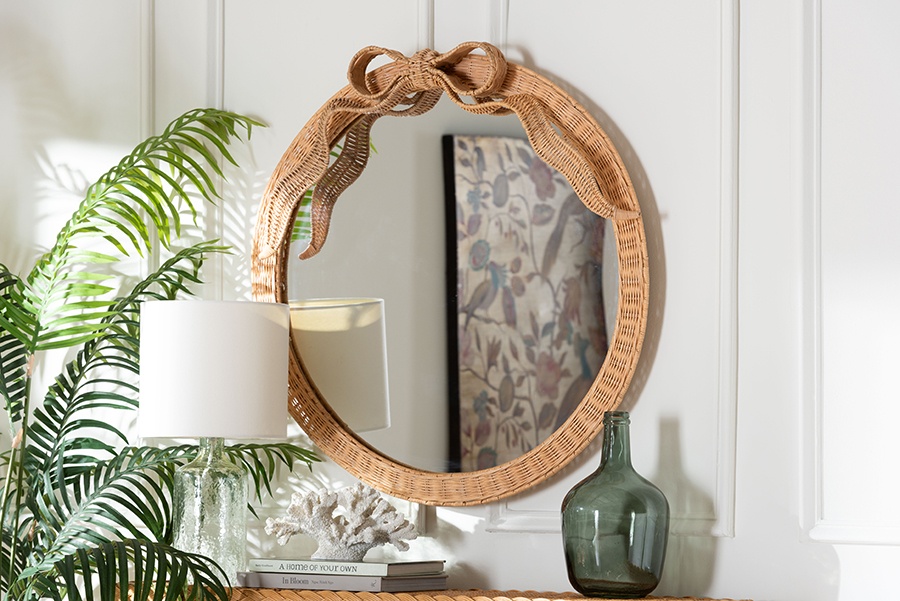 193271494538 Creusa Natural Rattan Round Wall Mirror - Honey