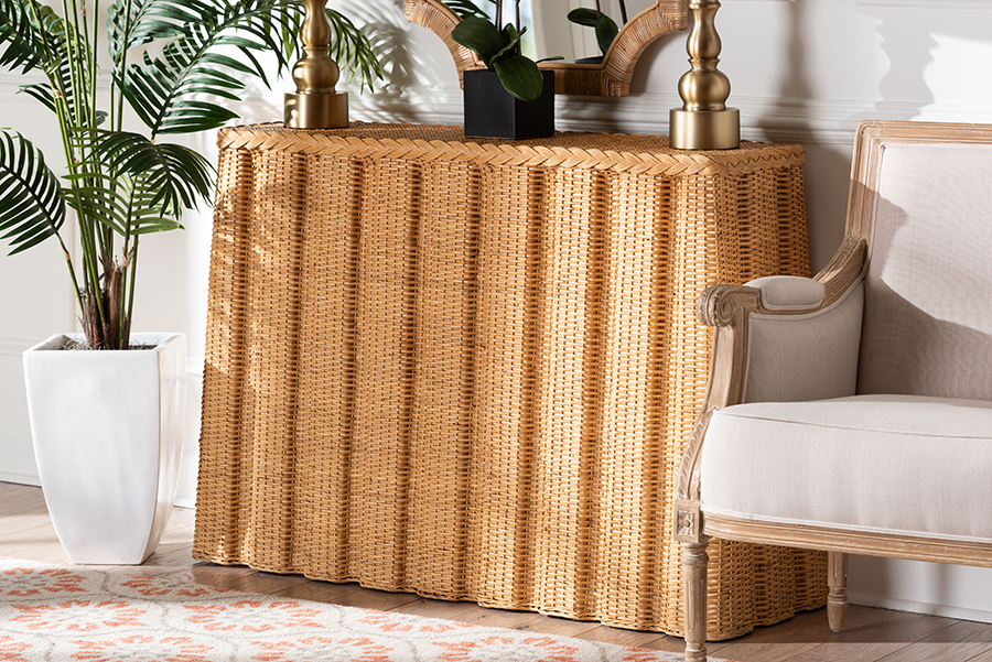 Andrea Natural Rattan Console Table - Handwoven Wicker Accent Table with Pleated Skirt, Boho Decor