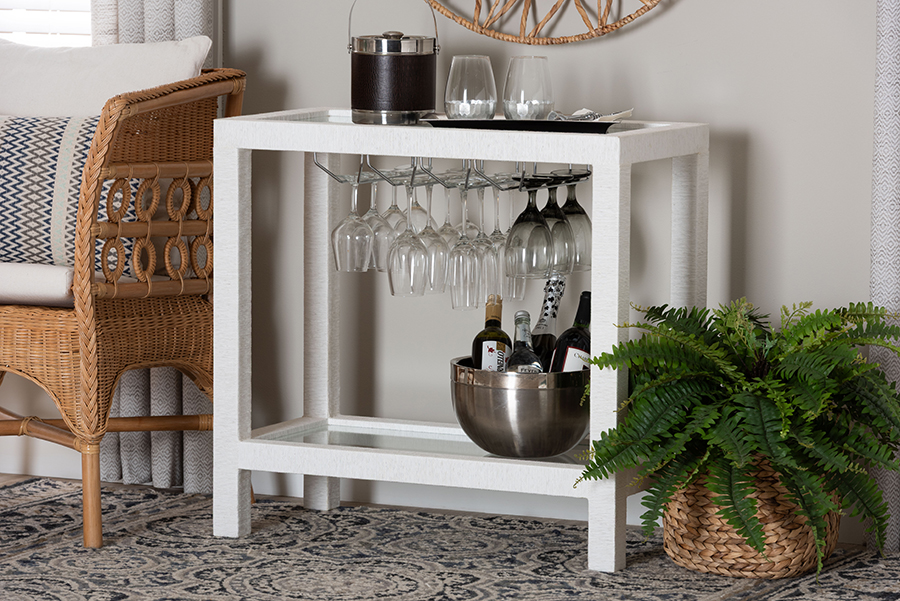 Picture of Bali & Pari 193271497355 31.50 x 15.70 x 30.30 in. Oaklynn Natural Grasscloth Wine Rack with Two-Tier for Living Room or Dining Room, White