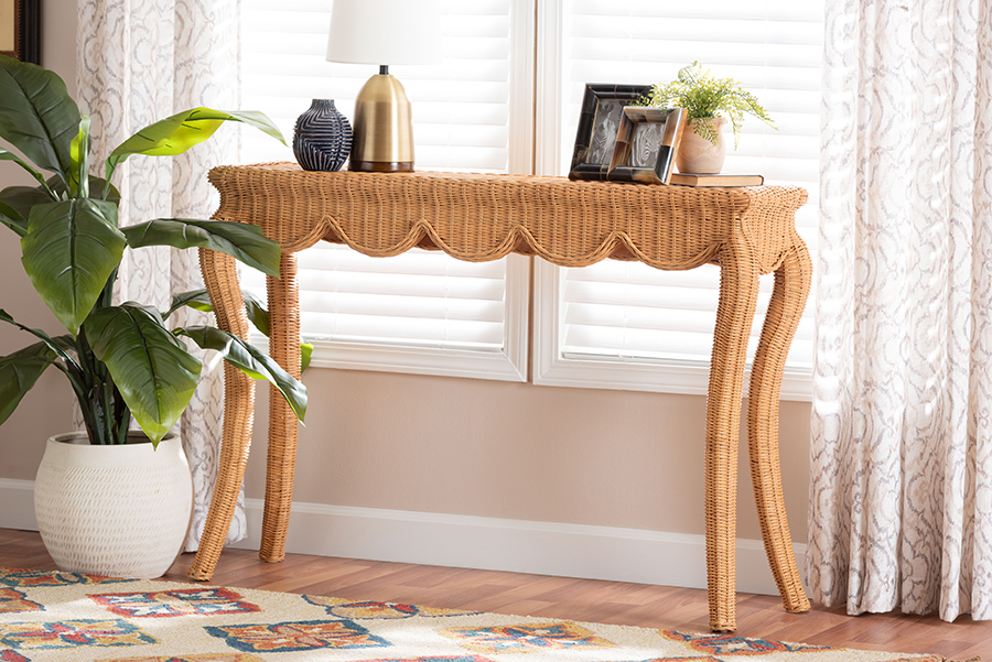 193271497768 48 x 13.70 x 33.60 in. Deborah Natural Rattan Console Table with Cabriole Legs, Light Honey