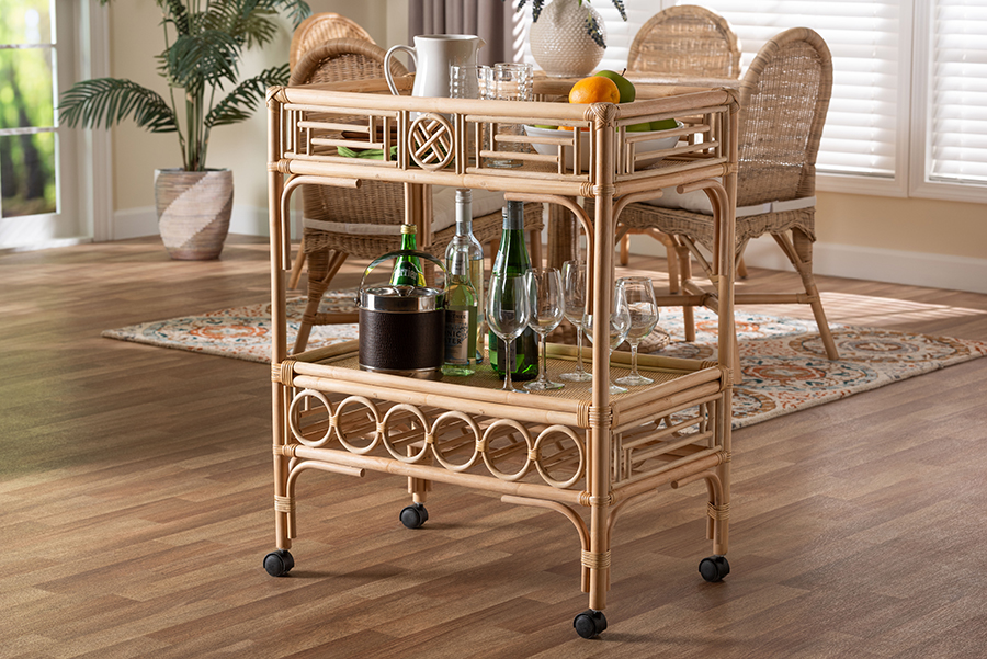 Picture of Bali & Pari 193271497874 28.70 x 18.10 x 35.80 in. Molina Natural Rattan Wine Cart with 2-Tier Beverage Trolley, Natural Brown & Black