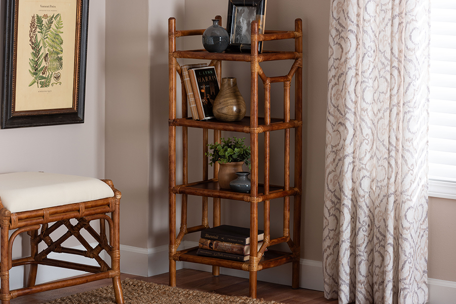 193271498888 16.10 x 12.20 x 40.60 in. Basile Natural Rattan Display Shelf with 4-Tier for Living Room or Entryway, Marbled Tortoise Brown