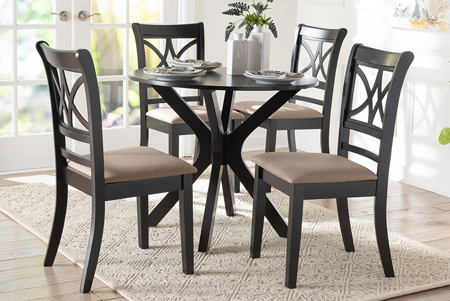 Julia Dining Set - Compact Mid-Century Modern Round Table & Chair Set for Dining Room - Kitchen - Apartment, Sand & Dark Brown - 5 Piece