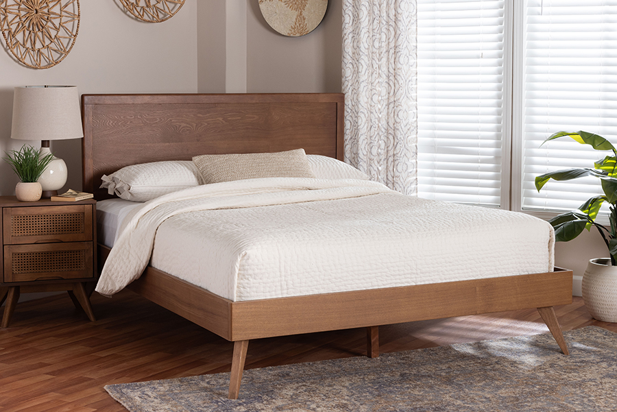 Jiro Platform Bed - Mid-Century Modern Wood Bed Frame with Panel Headboard & Angled Legs for Bedroom or Guest Room, Ash Walnut - King Size