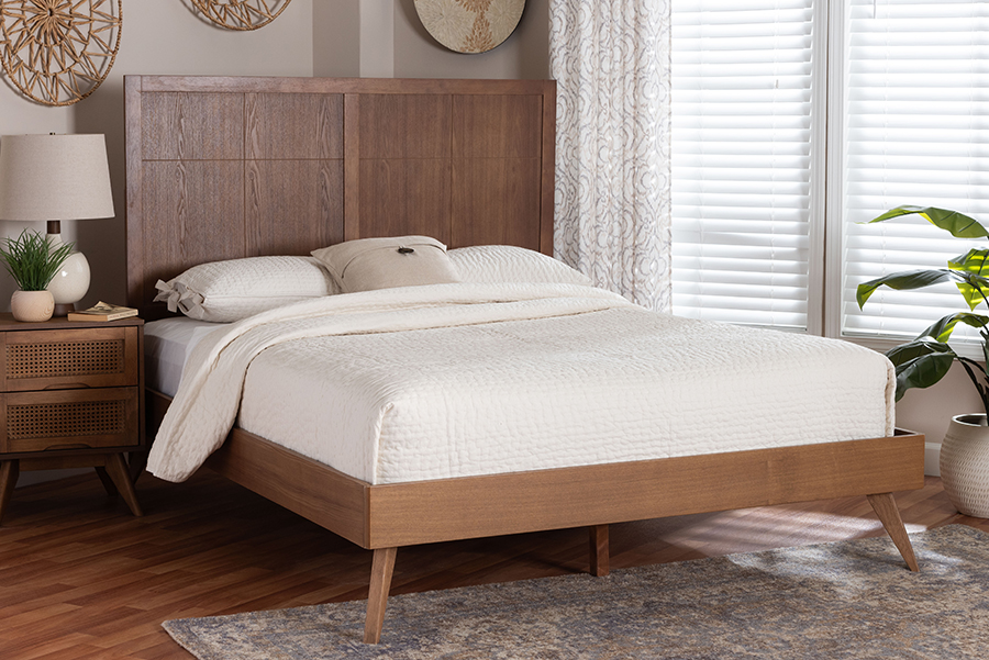 193271188659 Noela Mid-Century Modern King Size Platform Bed, Ash Walnut