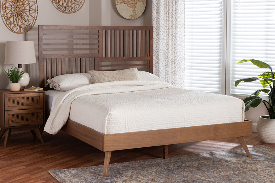 Gemma Platform Bed - Mid-Century Modern Bed Frame with Slatted Wood Headboard & Angled Legs for Bedroom or Guest Room, Ash Walnut - King Size