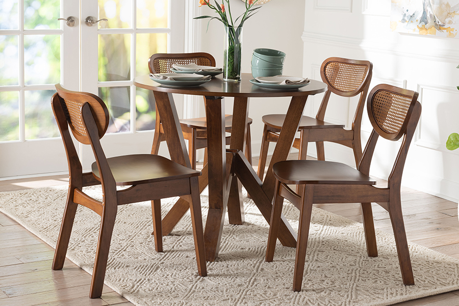 Crystal Dining Set - Mid-Century Modern Round Table & Chair Set for Dining Room - Kitchen - Apartment, Brown & Walnut Brown - 5 Piece