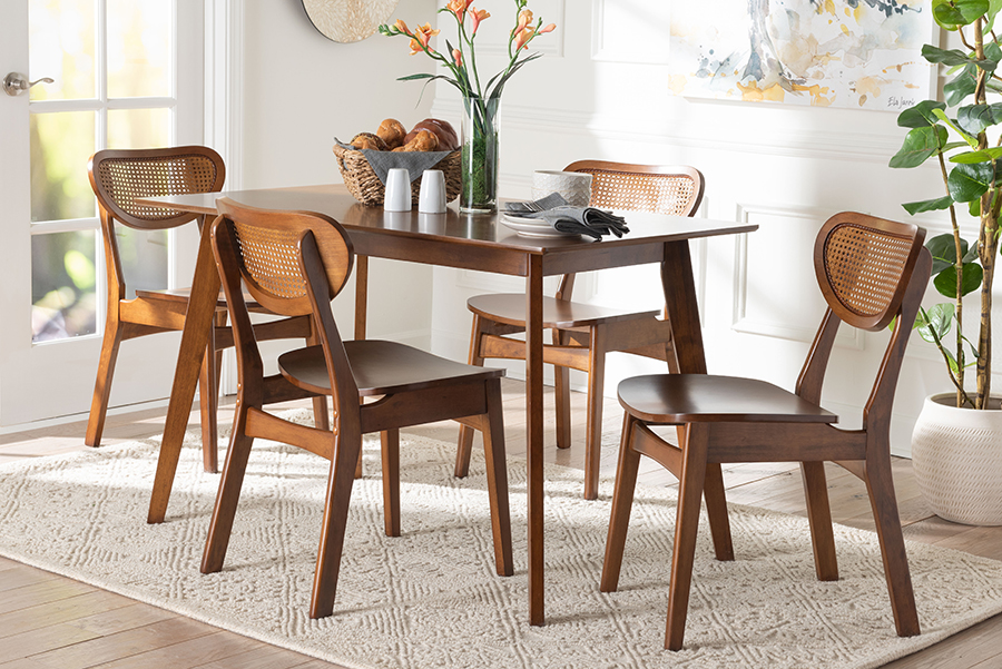 Kristy Dining Set - Mid-Century Modern Rectangle Table & Chair Set for Dining Room - Kitchen - Apartment, Brown & Walnut Brown - 5 Piece