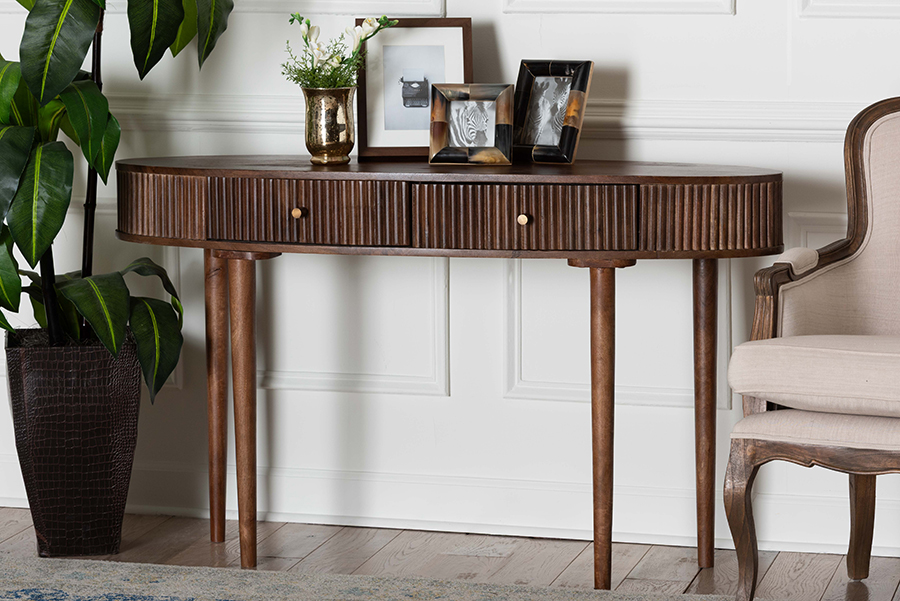 193271498079 Linore Fluted Wood Console Table - 2-Drawer Oval Accent Table for Living Room or Entryway, Dark Walnut Brown