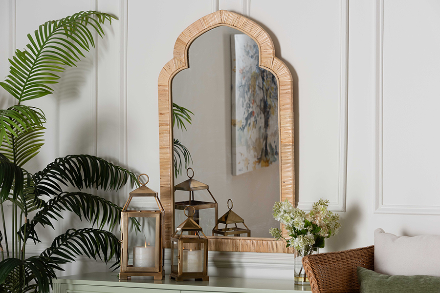193271501397 Plautilla Rattan Arched Wall Mirror - Decorative Hand Wrapped Wicker Accent Mirror for Entryway - Bedroom or Living Room, Natural