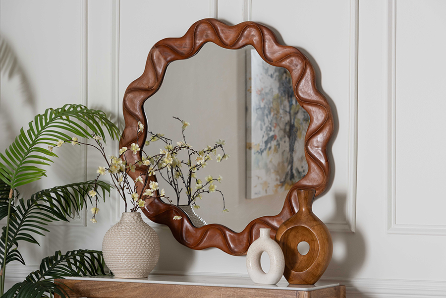 193271496525 Bahati Round Wall Mirror with Sculpted Wavy Frame - Decorative Accent Mirror for Entryway - Bedroom or Living Room, Mahogany Brown