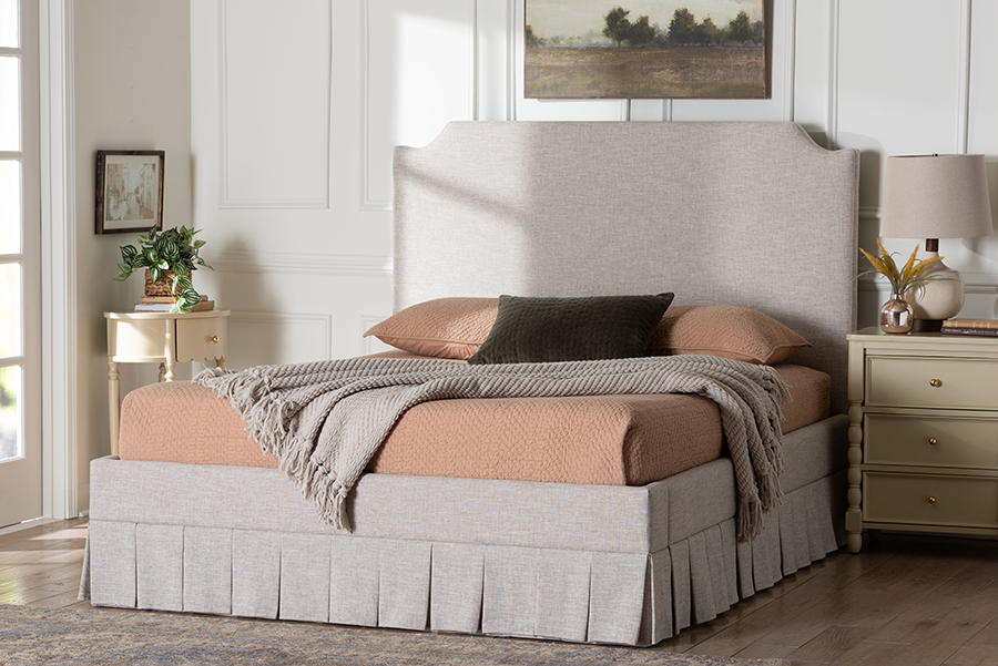 193271505647 Ronelyn Platform Bed with Pleated Skirt - Fabric Upholstered Bed Frame with Panel Headboard, Beige - Queen Size