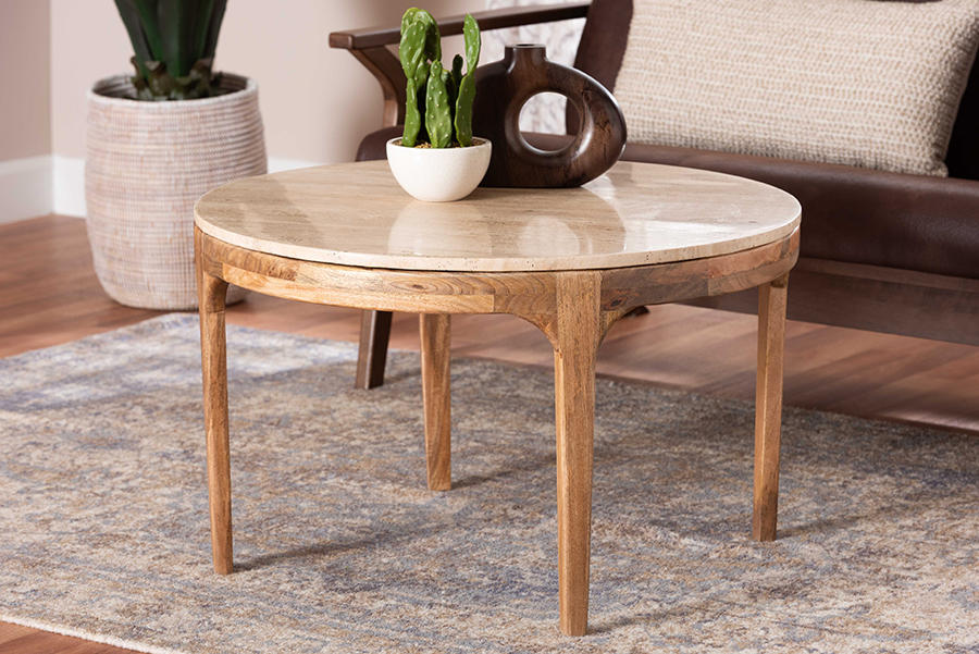 193271497997 Prospero Round Coffee Table - Modern Accent Table with Mango Wood Frame for Living Room or Seating Areas, Travertine & Walnut Brown