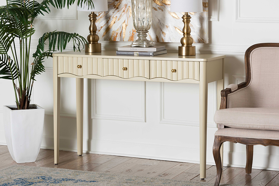 193271501496 Leeba Console Table - 3-Drawer Accent Table with Fluted Wood & Scalloped Framing for Living Room - Hallway or Entryway, Beige