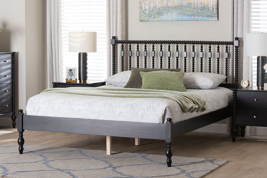 193271498208 9.80 in. Callison Spindle Platform Bed - Turned Farmhouse Bed Frame with Spoked Headboard & Sculpted Legs, Black - Queen Size