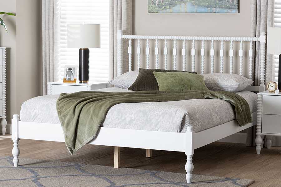 193271498291 9.80 in. Callison Spindle Platform Bed - Turned Farmhouse Bed Frame with Spoked Headboard & Sculpted Legs, White - Queen Size