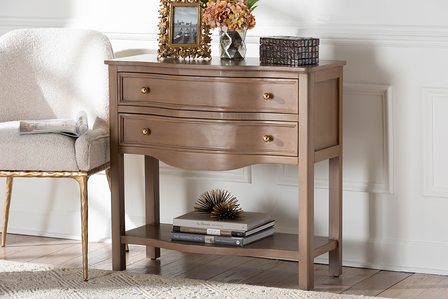Kelila Console Table with Curved Front - 2-Drawer Entryway Table with Open Shelf & Sculpted Apron for Living Room or Hallway, Champagne Brown