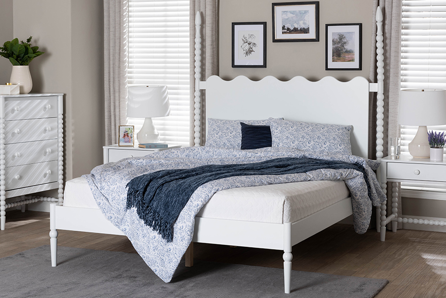 193271505845 Brantley Spindle Platform Farmhouse Bed Frame with Scalloped Headboard & Turned Posts, White, King Size