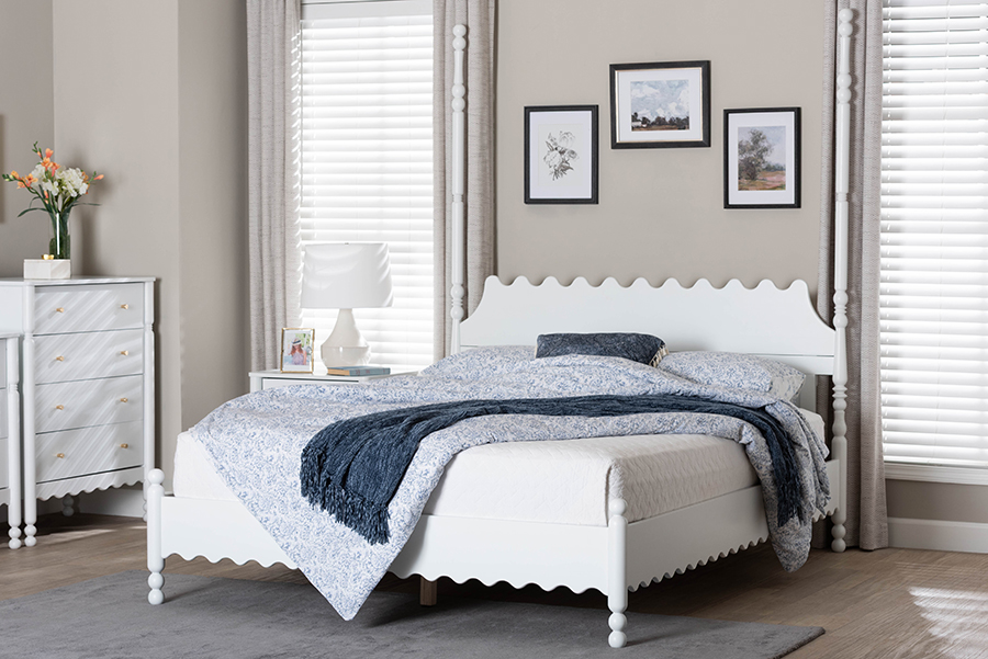 193271505883 Hoffman Platform Farmhouse Bed Frame with Scalloped Design & Turned Posts, White, King Size