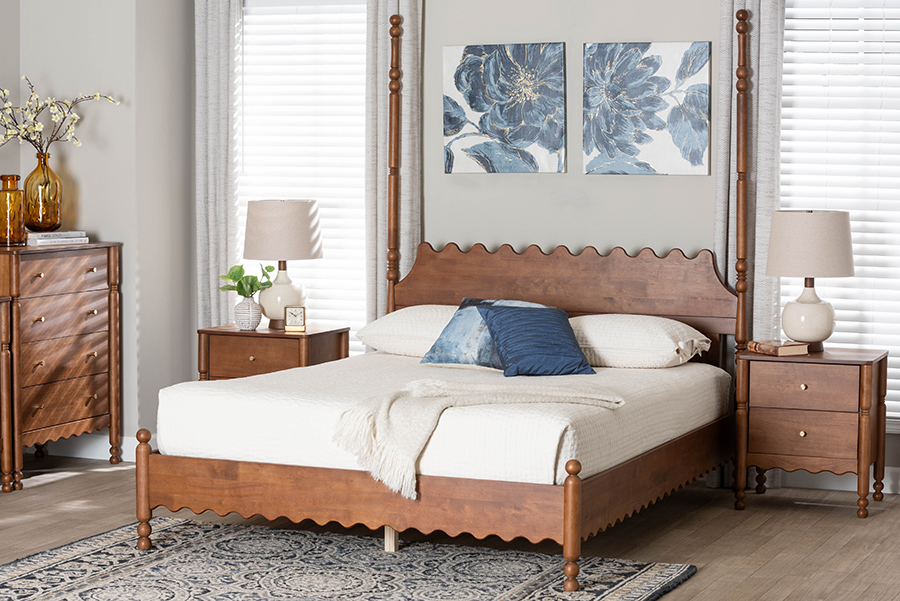 193271505920 Hoffman Platform Farmhouse Bed Frame with Scalloped Design & Turned Posts, Walnut Brown, King Size