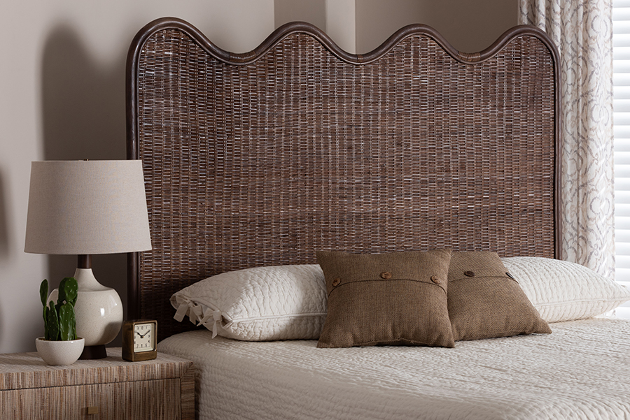 193271504039 Einya Natural Rattan Standalone Headboard with Wavy Scalloped Top, Coffee Bean - King Size