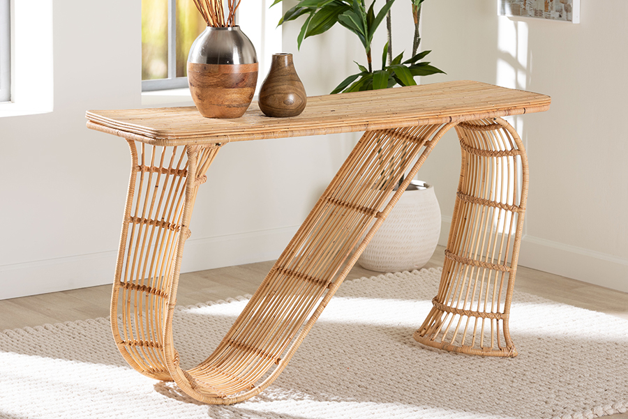 193271505753 Araceli Rattan S-Curve Console Table for Living Room or Entryway, Light Honey