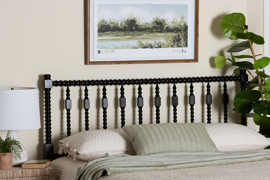 193271507290 Juliette Turned Spindle Headboard with Decorative Spoke Design for Cottage Farmhouse Bedroom, Black - Queen Size