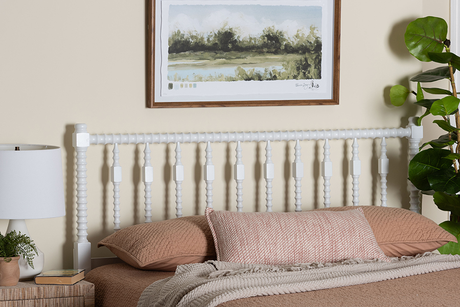193271507306 Juliette Turned Spindle Headboard with Decorative Spoke Design for Cottage Farmhouse Bedroom, White - Queen Size