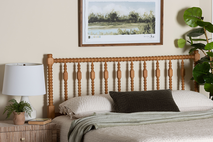 193271507313 Juliette Turned Spindle Headboard with Decorative Spoke Design for Cottage Farmhouse Bedroom, Oak Brown - Queen Size