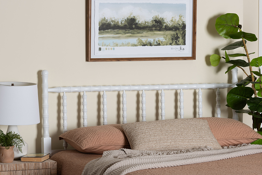 193271507429 Edaline Bamboo Motif Headboard with Decorative Turned Spindle Design for Boho Costal Bedroom, White - Queen Size