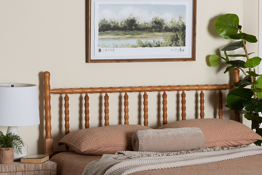 193271507436 Edaline Bamboo Motif Headboard with Decorative Turned Spindle Design for Boho Costal Bedroom, Oak Brown - Queen Size