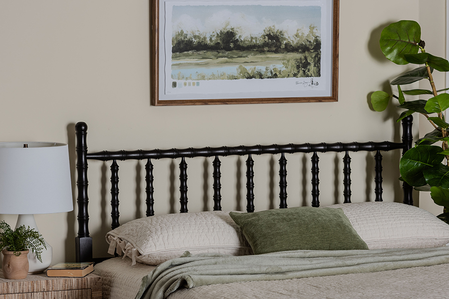 193271507443 Edaline Bamboo Motif Headboard with Decorative Turned Spindle Design for Boho Costal Bedroom, Black - King Size